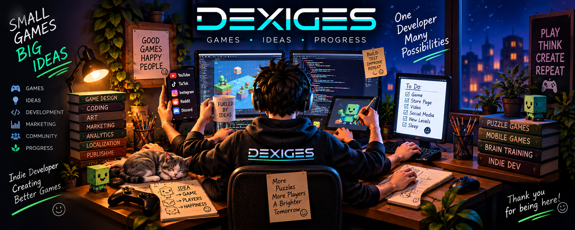 Dexiges indie developer workspace with game development, art, marketing and community tasks